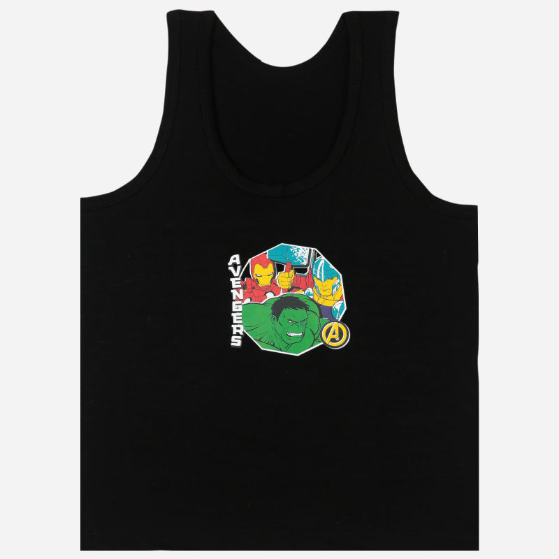 Black kids tank top featuring Avengers characters graphic print on front