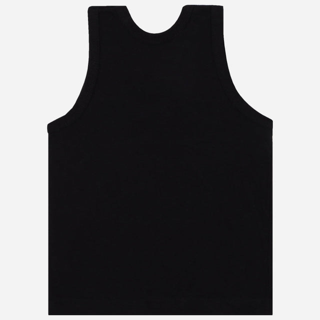 Black sleeveless cotton kids innerwear vest on a white background