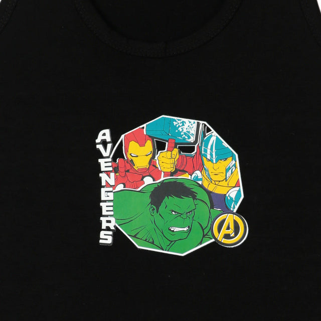Black kids tank top with colorful Avengers print featuring Hulk, Iron Man, and Thor