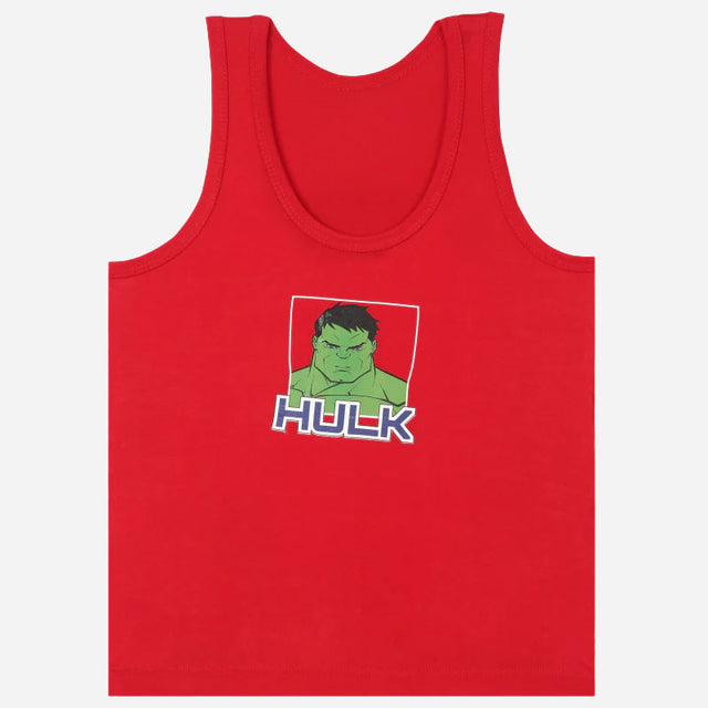 Red kids cotton vest featuring cartoon Hulk graphic and text on front, sleeveless design