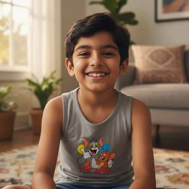 Smiling boy in grey sleeveless Tom and Jerry cartoon vest, sitting indoors.