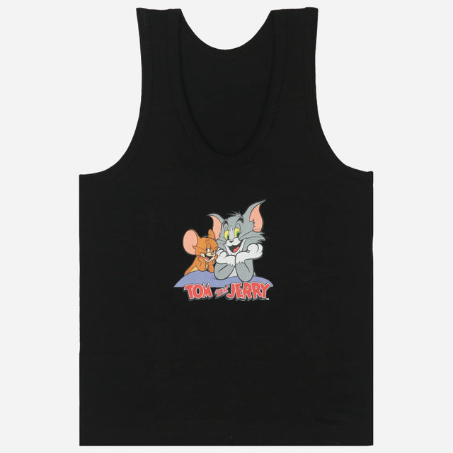 Black kids tank top with Tom and Jerry cartoon graphic on front, comfortable innerwear