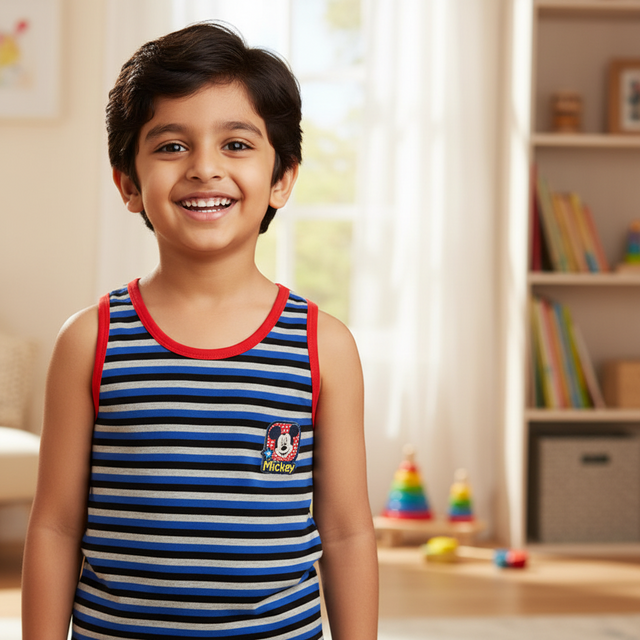 Smiling boy in blue and black striped kids vest with red trim and cartoon patch, indoor setting