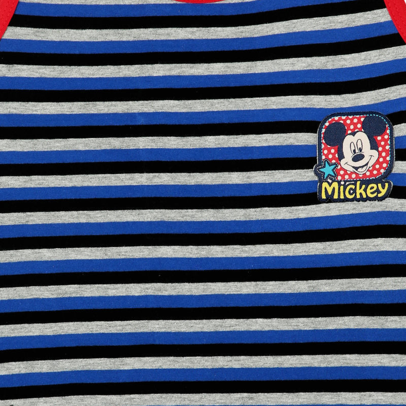 Kids striped blue, black, and grey t-shirt with Mickey Mouse patch on chest