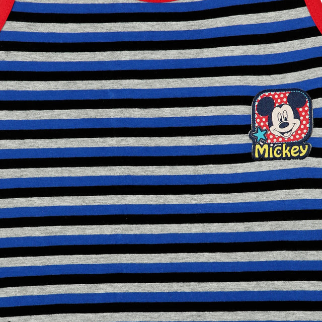 Kids striped blue, black, and grey t-shirt with Mickey Mouse patch on chest