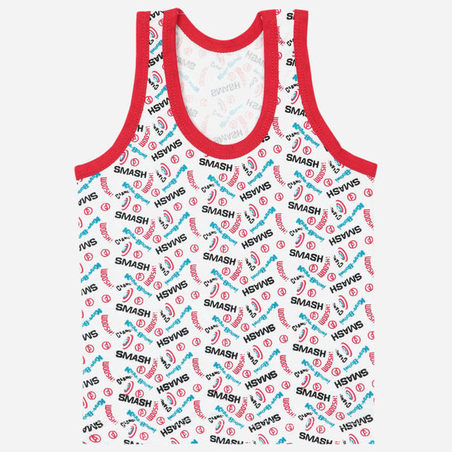 Kids sleeveless vest with red trim, multicolor smash-themed print, comfortable innerwear.
