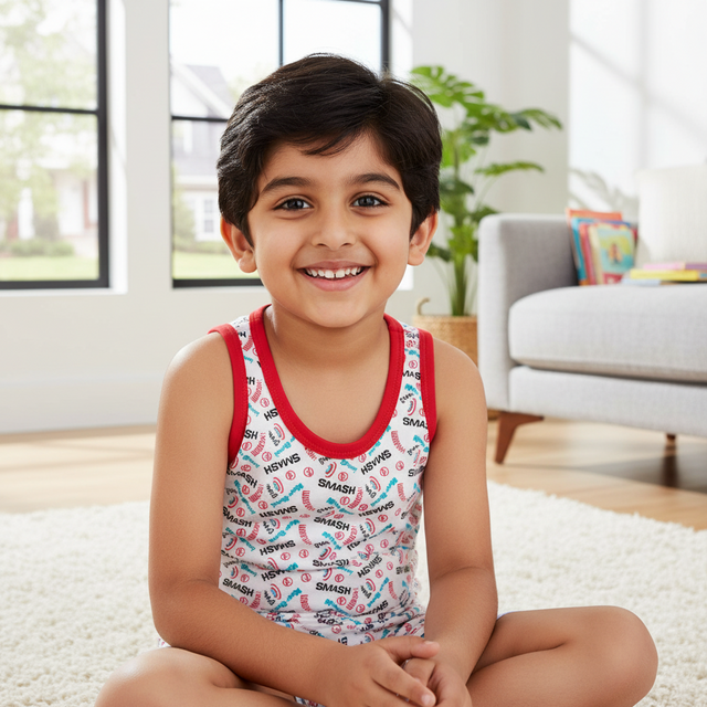 Smiling boy in colorful sleeveless innerwear vest for kids sitting indoors on carpet