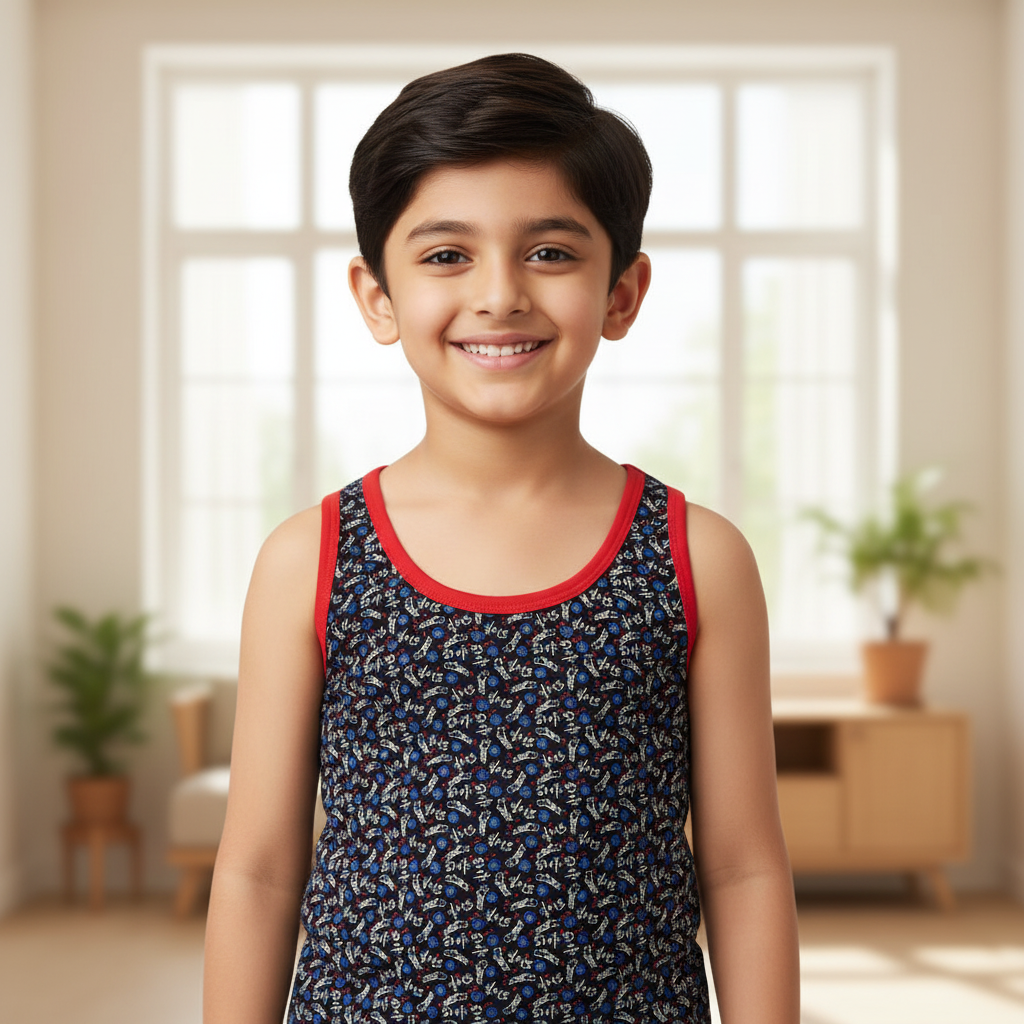 Smiling boy in printed sleeveless vest with red trim, kids innerwear, indoor setting