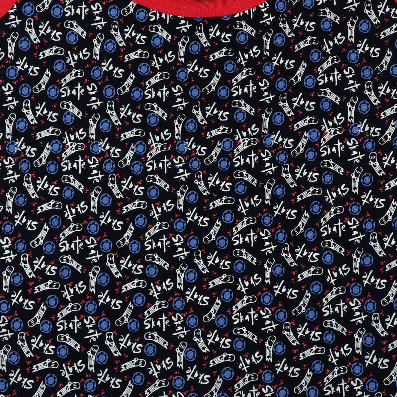 Kids t-shirt fabric with skateboards, wheels, and 'skate' text on black background