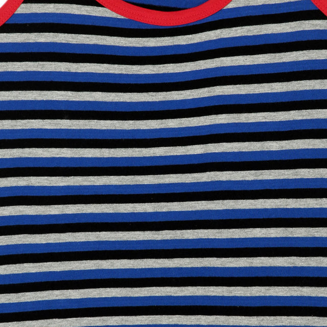 Blue, black, and grey striped kids innerwear fabric with red neckline detail