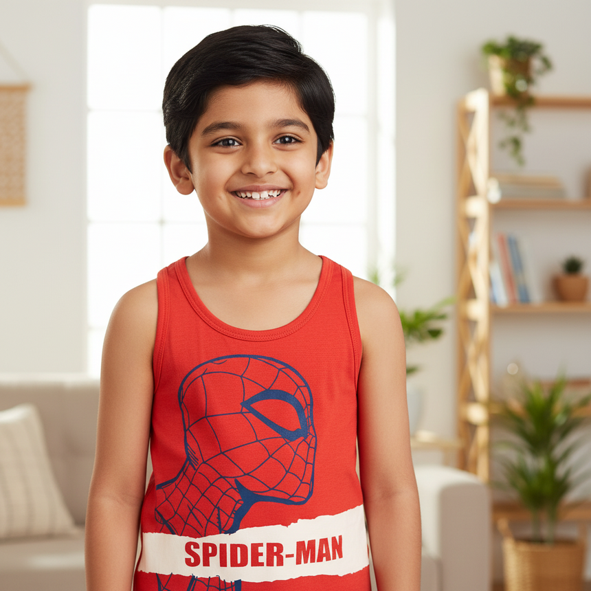 Bodycare Spiderman Boys Vest | Regular Fit | 100% Cotton | Round Neck Assorted Pack Of 2