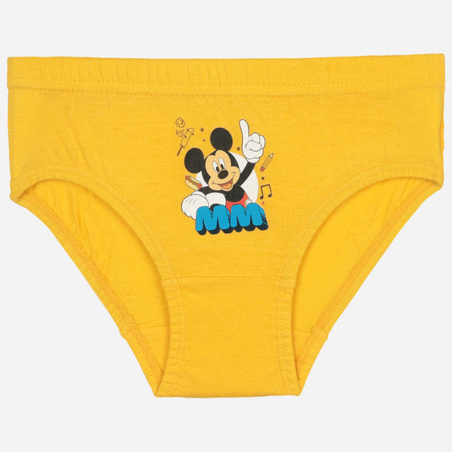 Yellow kids' underwear with cartoon mouse print and blue 'MM' initials on the front