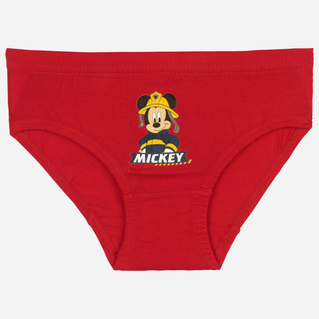 Red kids underwear featuring cartoon firefighter graphic and 'Mickey' text on front