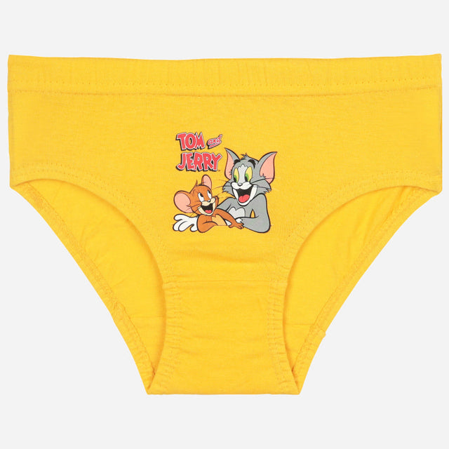 Yellow kids underwear featuring Tom and Jerry cartoon graphic on front, comfortable fit.