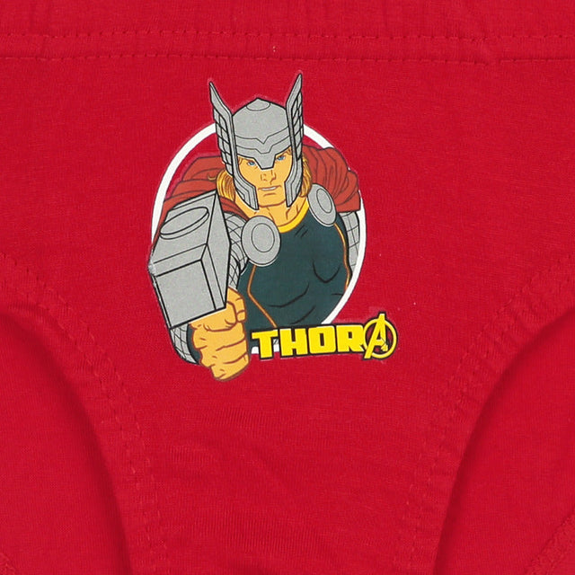Red kids underwear featuring Thor graphic and Avengers logo on front