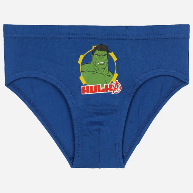 Blue kids briefs featuring Hulk graphic on the front, soft cotton innerwear.