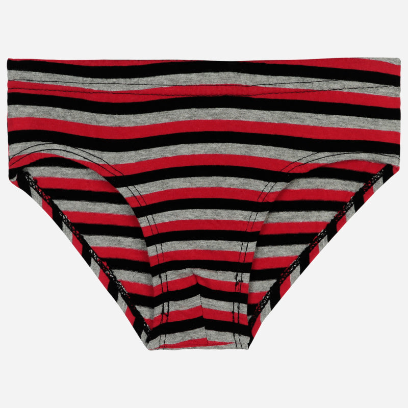 Kids striped innerwear brief in red, black, and grey cotton blend fabric