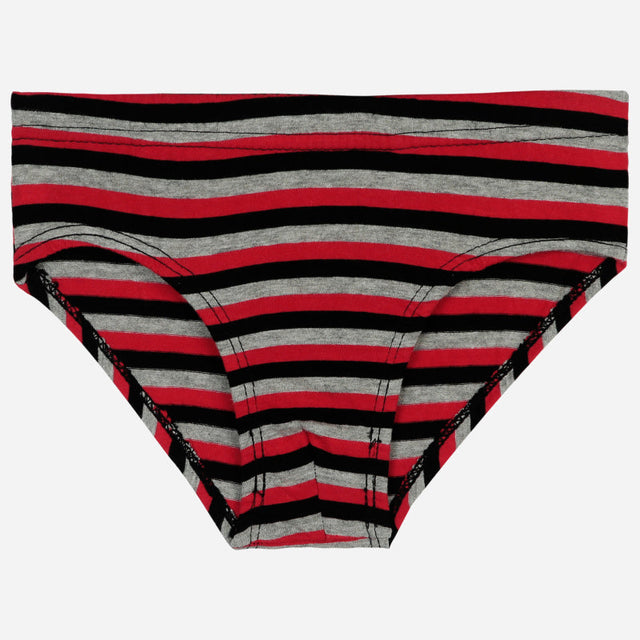 Kids striped innerwear brief in red, black, and grey cotton blend fabric