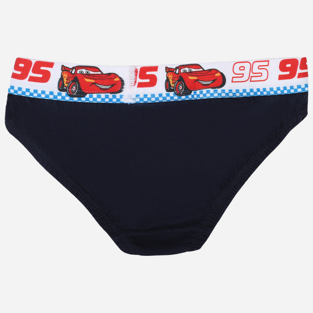 Kids navy blue underwear with cartoon car and number 95 on waistband, soft cotton innerwear