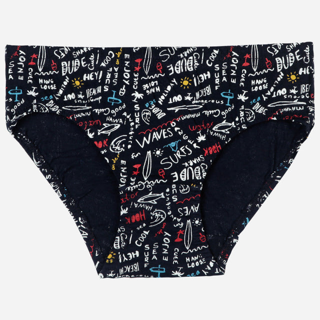 Boys' printed cotton brief in navy with colorful surfing and beach-themed pattern
