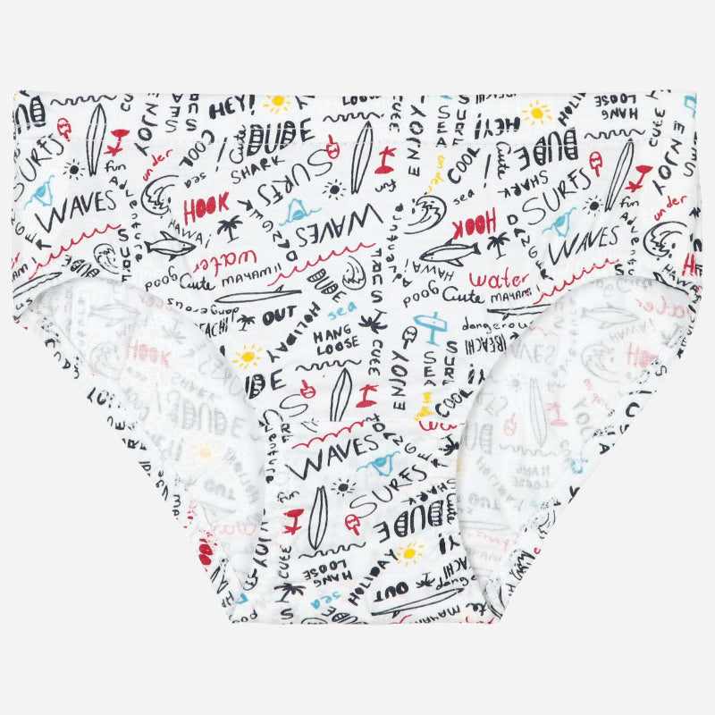 Kids white innerwear brief with colorful doodle print, soft cotton, comfortable fit