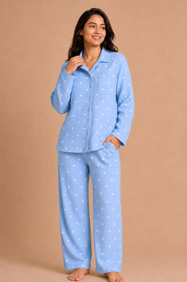 Women Printed Muslin Night Suit Set with Soft Top and Pyjama for Sleepwear, Lounge Wear and Nightwear Comfort