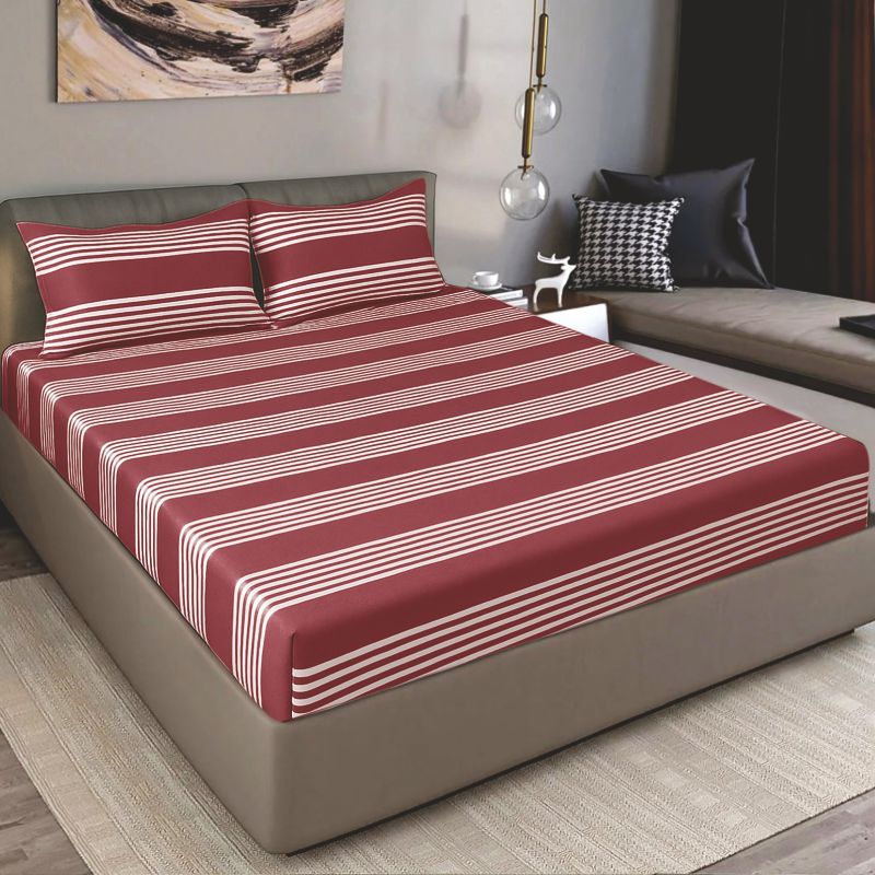 Bodycomfy 100% Cotton Hosiery King Size Fitted Bedsheet – Striped Design Navy