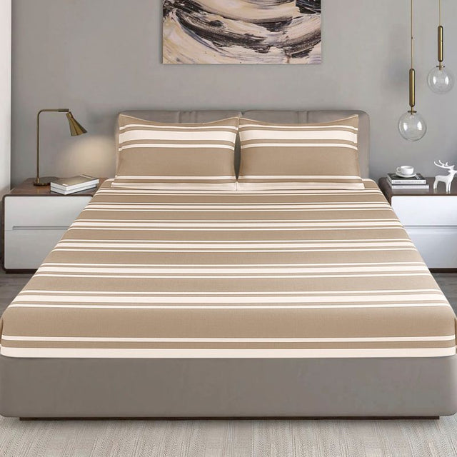 King Size Hosiery Fitted Bedsheet Striped Beige - Bodycare