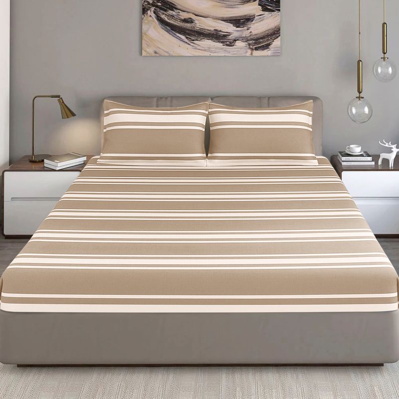 King Size Hosiery Fitted Bedsheet Striped Beige - Bodycare