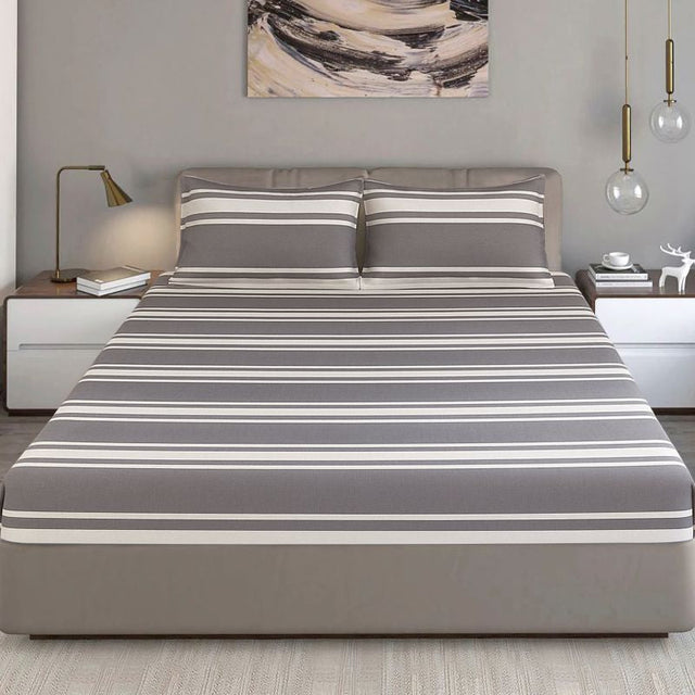 King Size Hosiery Fitted Bedsheet Striped Grey - Bodycare