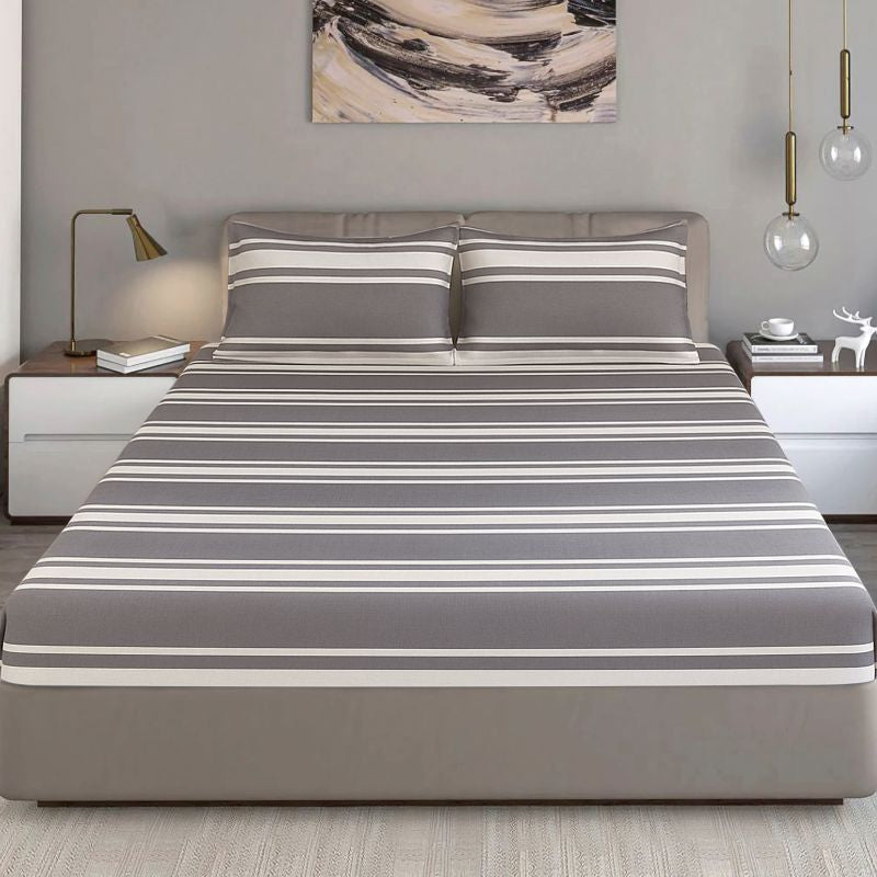 Bodycomfy 100% Cotton Hosiery King Size Fitted Bedsheet – Striped Design Grey