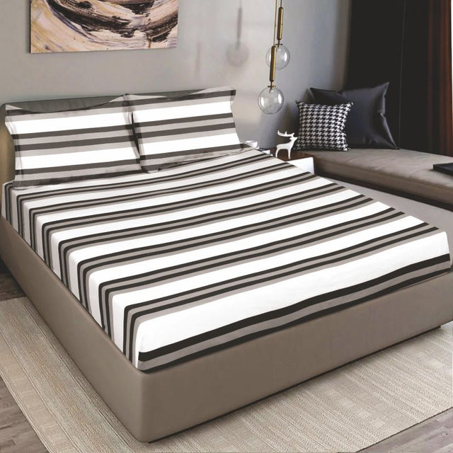 King Size Cotton Fitted Bedsheet Grey Striped - Bodycare