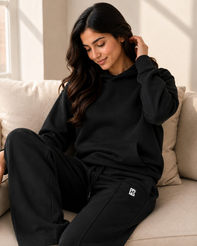 BodyComfy Women’s Black Terry Fabric Set with Hooded & Wide-Leg Pants