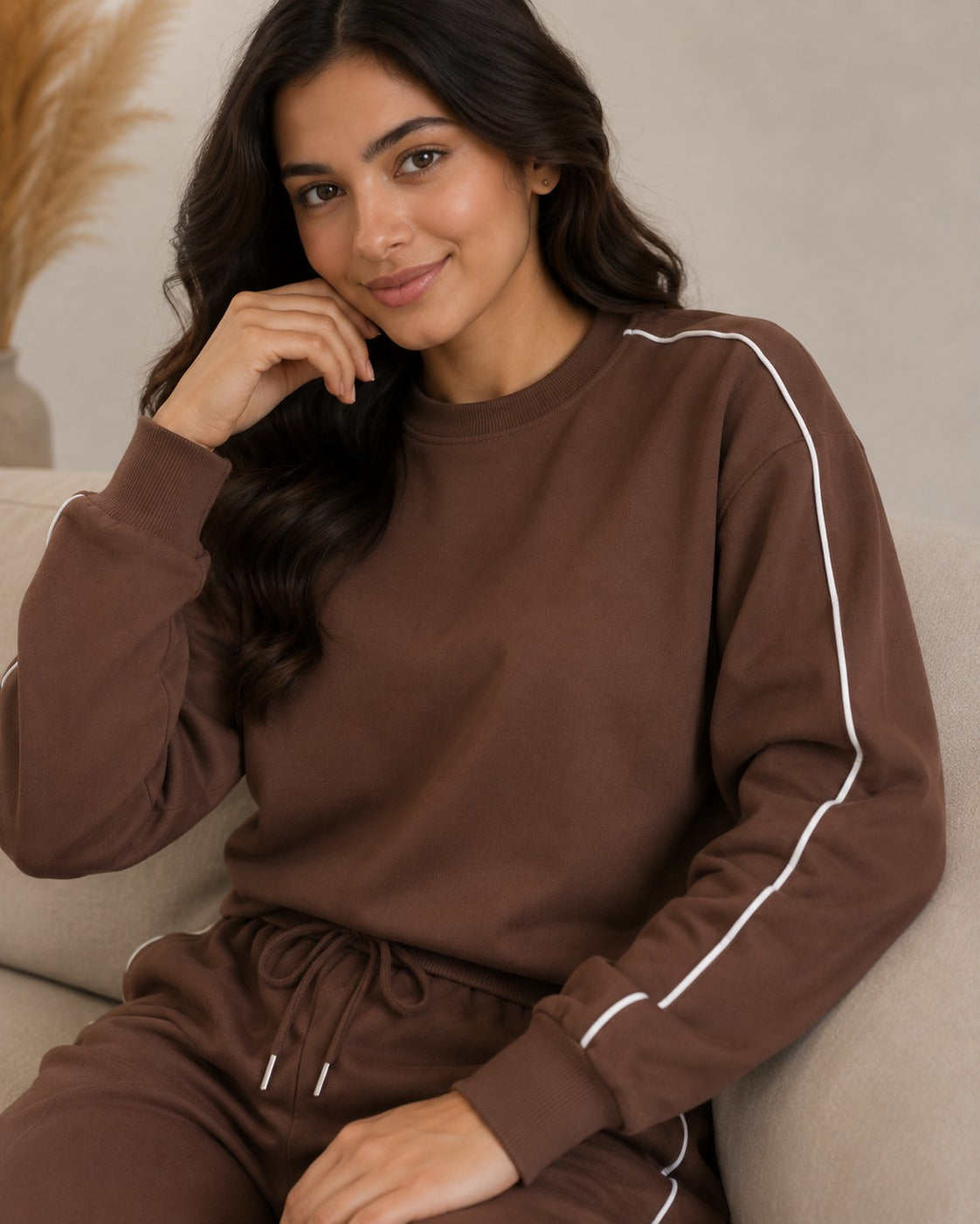 BodyComfy Women’s Brown Fleece Co-Ord Set with Contrast White Piping