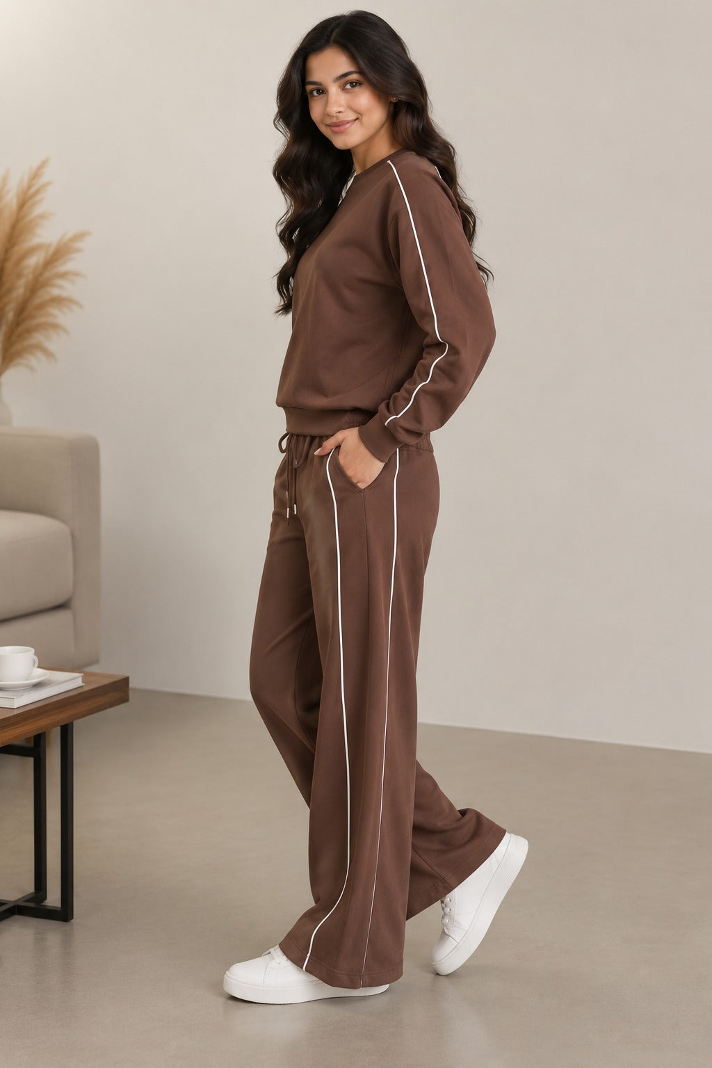 BodyComfy Women’s Brown Fleece Co-Ord Set with Contrast White Piping