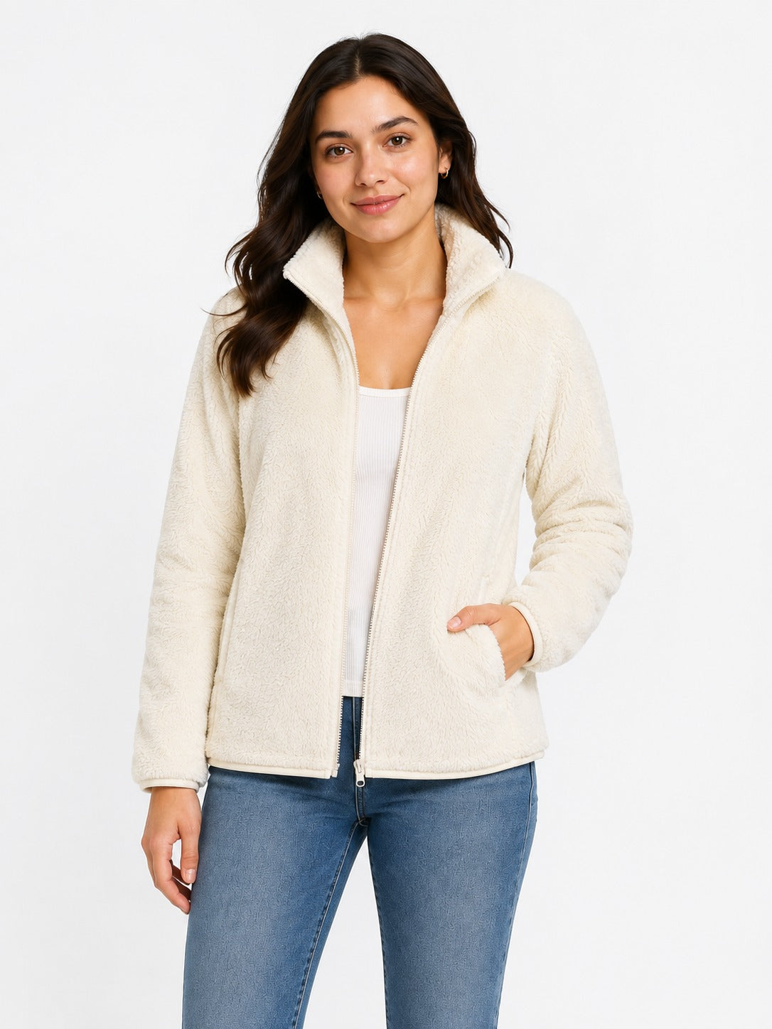 Women's Soft Cream Fur Fleece Full-Zip Jacket with High Neck & Side Pockets