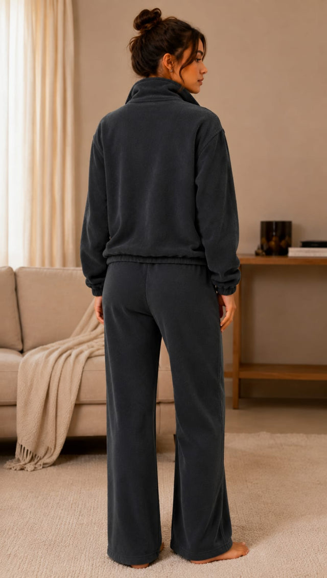 BodyComfy Women’s Polar Fleece deep grey Half-Zip Sweatshirt & Wide-Leg Jogger Set