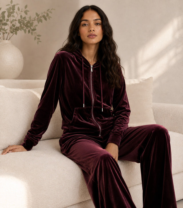BodyComfy Women’s Velour Hooded Zip-Up Co-Ord Set with Kangaroo Pockets & Wide-Leg Bottoms