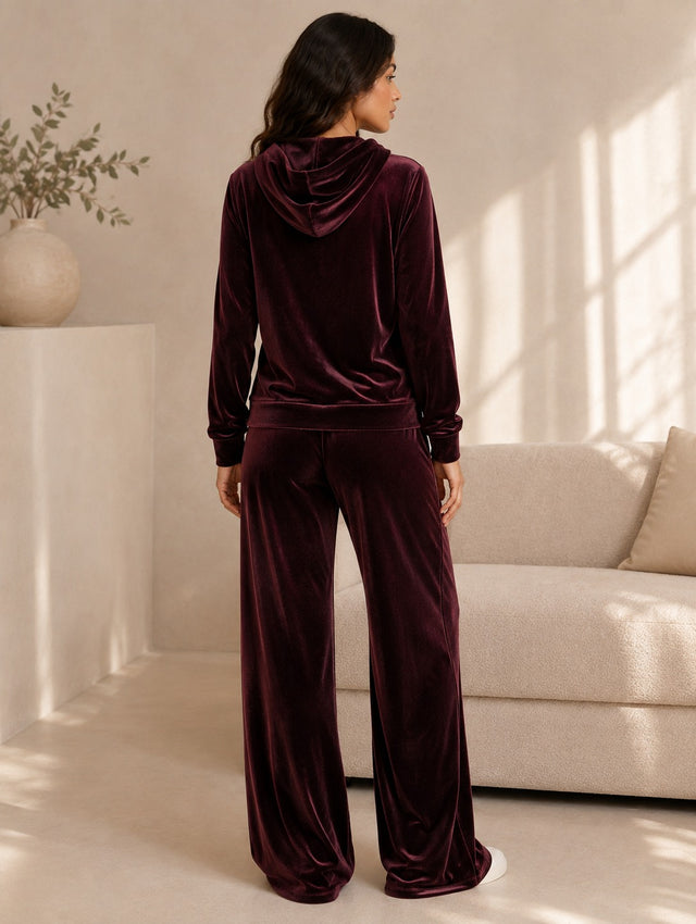 BodyComfy Women’s Velour Hooded Zip-Up Co-Ord Set with Kangaroo Pockets & Wide-Leg Bottoms