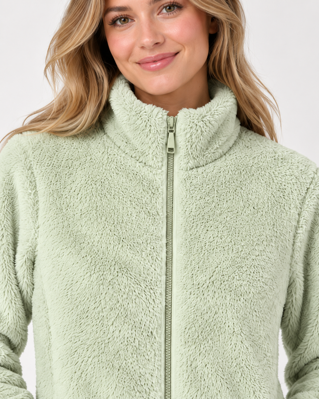 Women's Green Fur Fleece Full-Zip Jacket with High Neck & Side Pockets