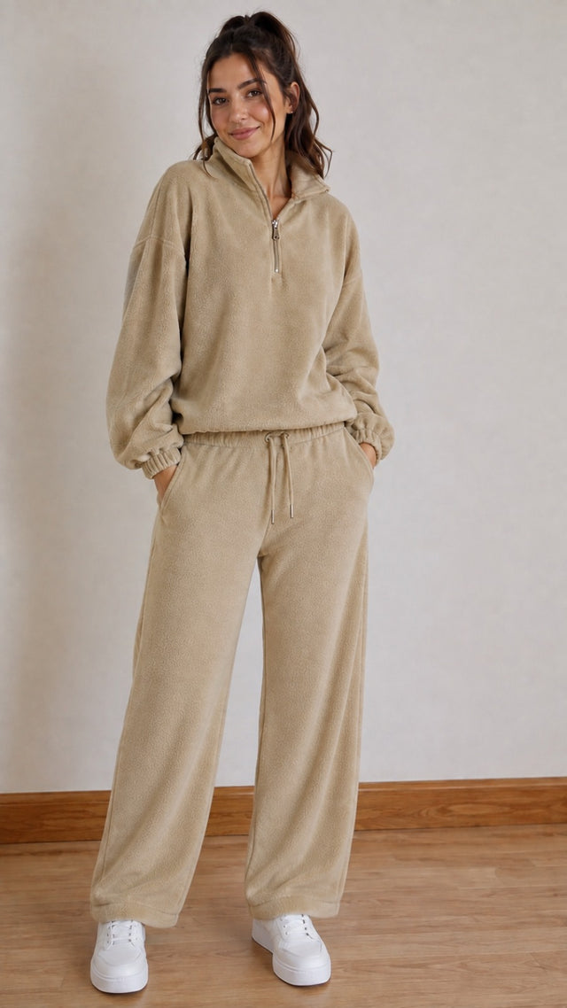 BodyComfy Women’s Polar Fleece Beige Half-Zip Sweatshirt & Jogger Set