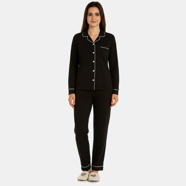 Women Collared Button Front Night Suit Black Solid - Bodycare