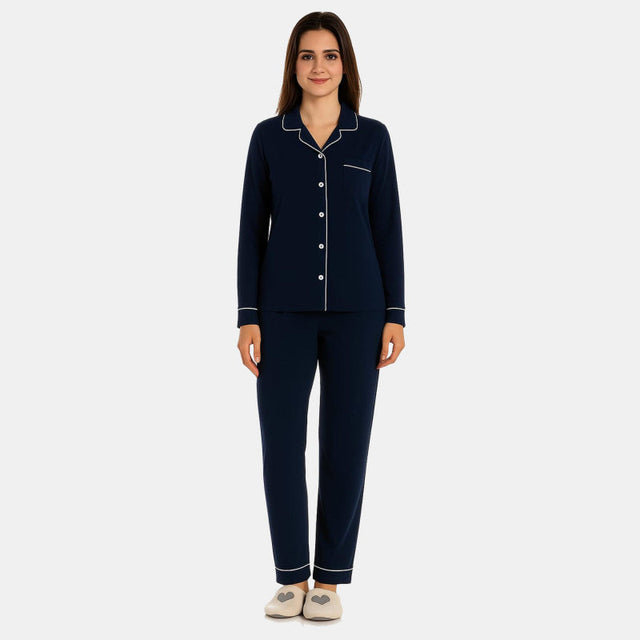Women Collared Button Front Solid Night Suit Navy - Bodycare