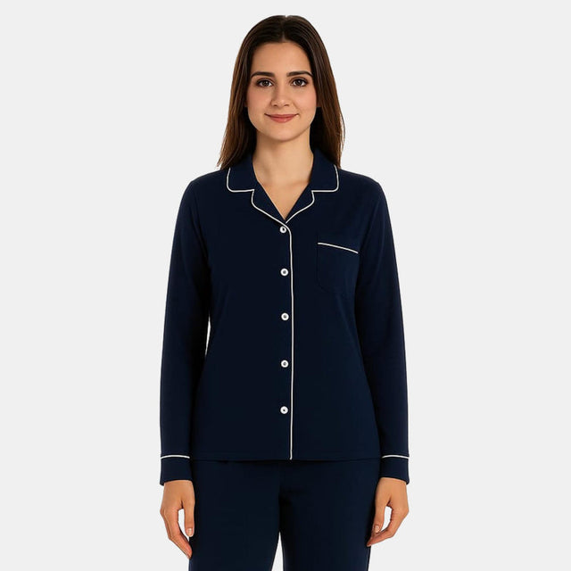 Women Collared Button Front Solid Night Suit Navy - Bodycare