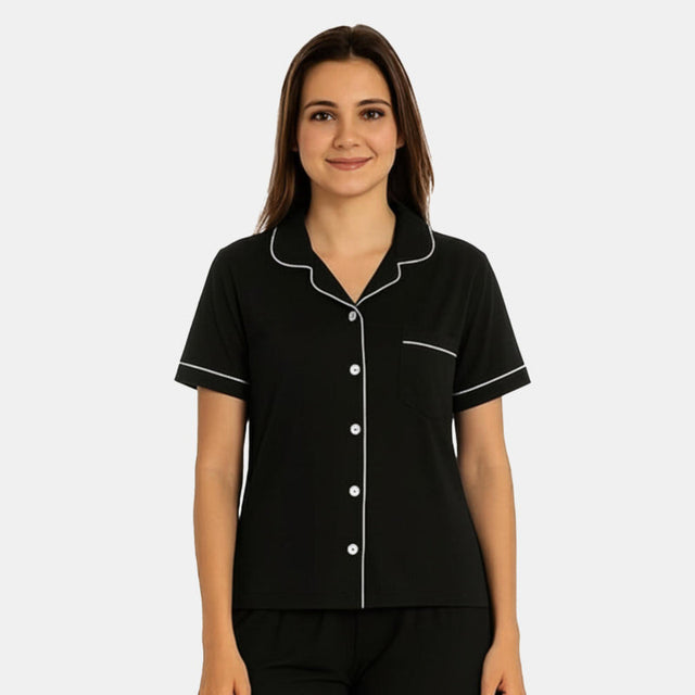 Women Front Button Shorts Night Suit Black Solid - Bodycare