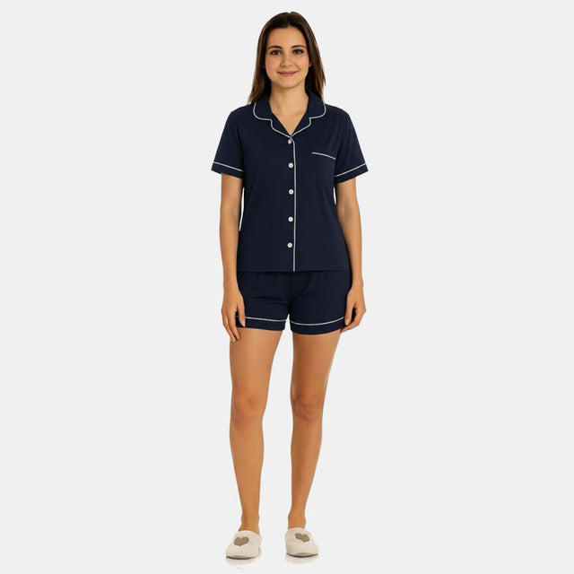 Women Front Button Shorts Solid Night Suit Navy - Bodycare