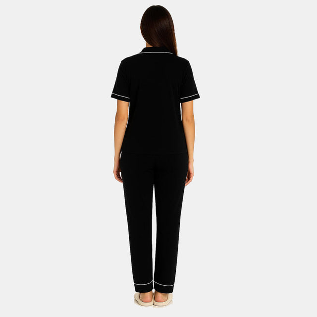 Women Half Sleeve Collared Solid Night Suit Black - Bodycare