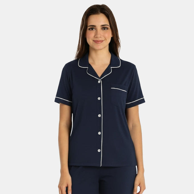 Women Half Sleeve Collared Solid Night Suit Navy - Bodycare