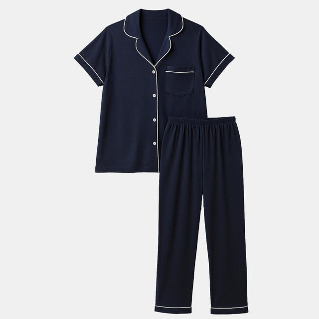Women Half Sleeve Collared Solid Night Suit Navy - Bodycare