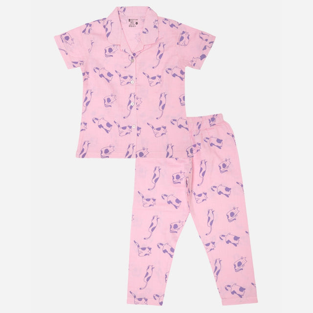 Girls Half Sleeve Night Suit with Round Neck, Pockets and Top-Bottom Set for Sleepwear and Lounge Comfort